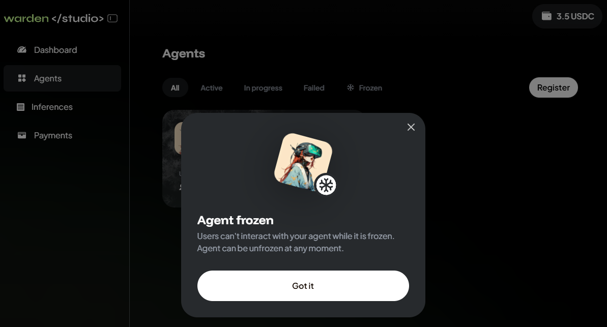 Freeze/unfreeze an Agent in Warden Studio